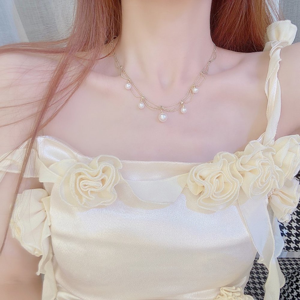 NEW 14K Gold Plated Layered Pearl Necklace - Picture 2 of 7